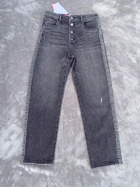 Sundry by Anthropology Black Washed Straight Jeans , Button Fly and Leopard Trim